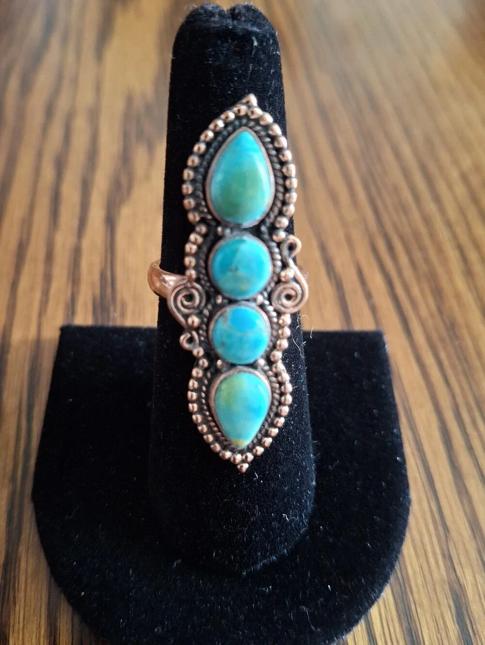 Ring Turquoise 4 Natural Stones On Copper Setting And Band Size 7